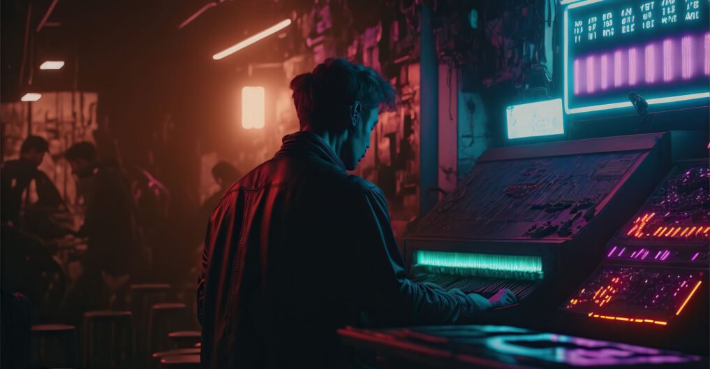 Retro Futurism: Synthwave Musician in Underground Club. Generati